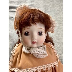 Vintage Porcelain Music Box Doll Victorian Tan Velvet Lace Dress Auburn Hair